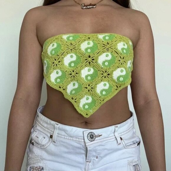 Urban Outfitters Yin Yang Icon Crochet Hair Bandanna Lime Green Knit Scarf Top - Picture 3 of 8
